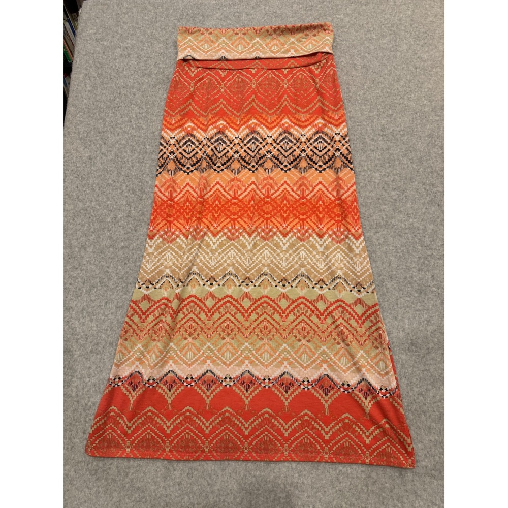 Joe B Orange Chevron Geometric Maxi Skirt Side Slit Large Y2K